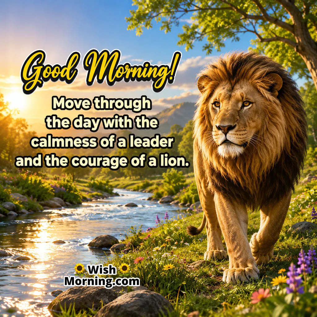 Good Morning Lion by River Image featuring a majestic lion walking beside a peaceful river surrounded by mountains, trees and morning flowers, symbolising calm leadership and courage.