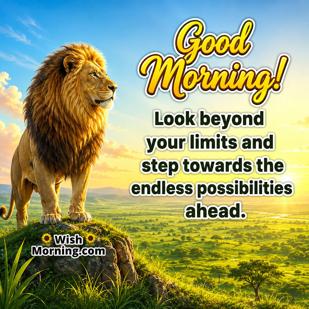 Good Morning Lion on Cliff Image featuring a majestic lion standing on a grassy cliff overlooking a vast green landscape in the morning, symbolising ambition and new possibilities.