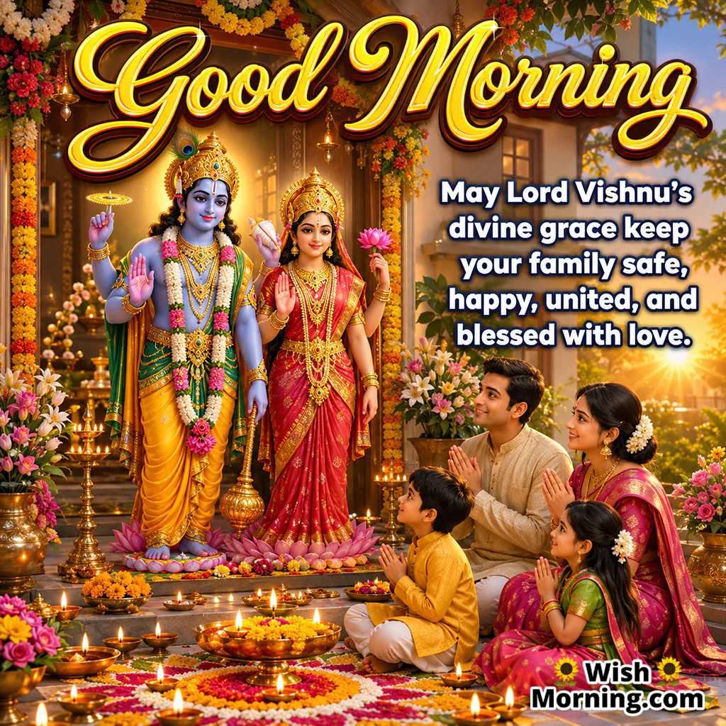 Good Morning Lord Vishnu Family Blessing featuring Vishnu and Lakshmi near a peaceful home, symbolizing family love, safety and unity.
