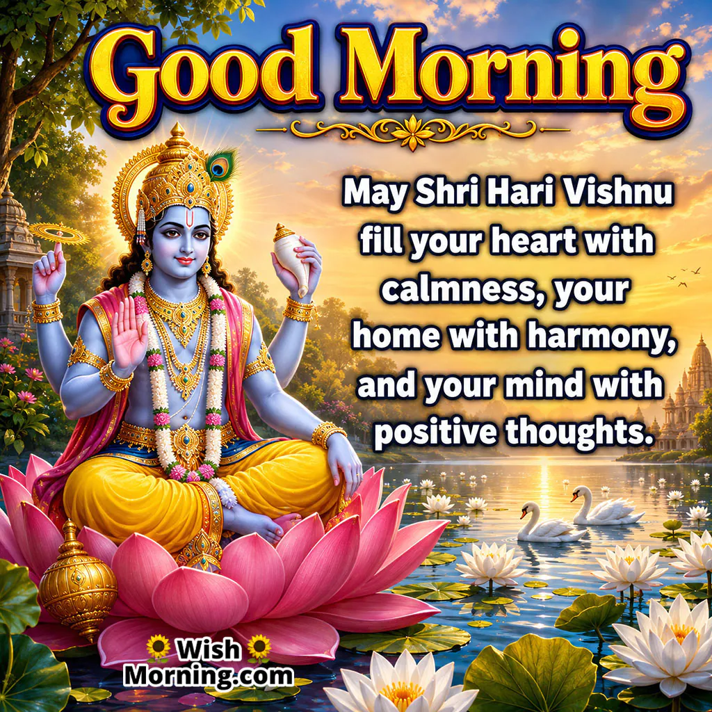 Good Morning Lord Vishnu Peace Blessing featuring Vishnu beside a calm lotus lake, symbolizing serenity and harmony.