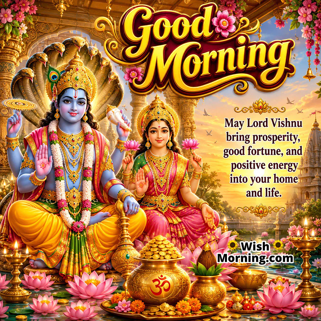Good Morning Lord Vishnu Prosperity Blessing featuring Vishnu and Lakshmi with lotuses and kalash, symbolizing prosperity and good fortune.