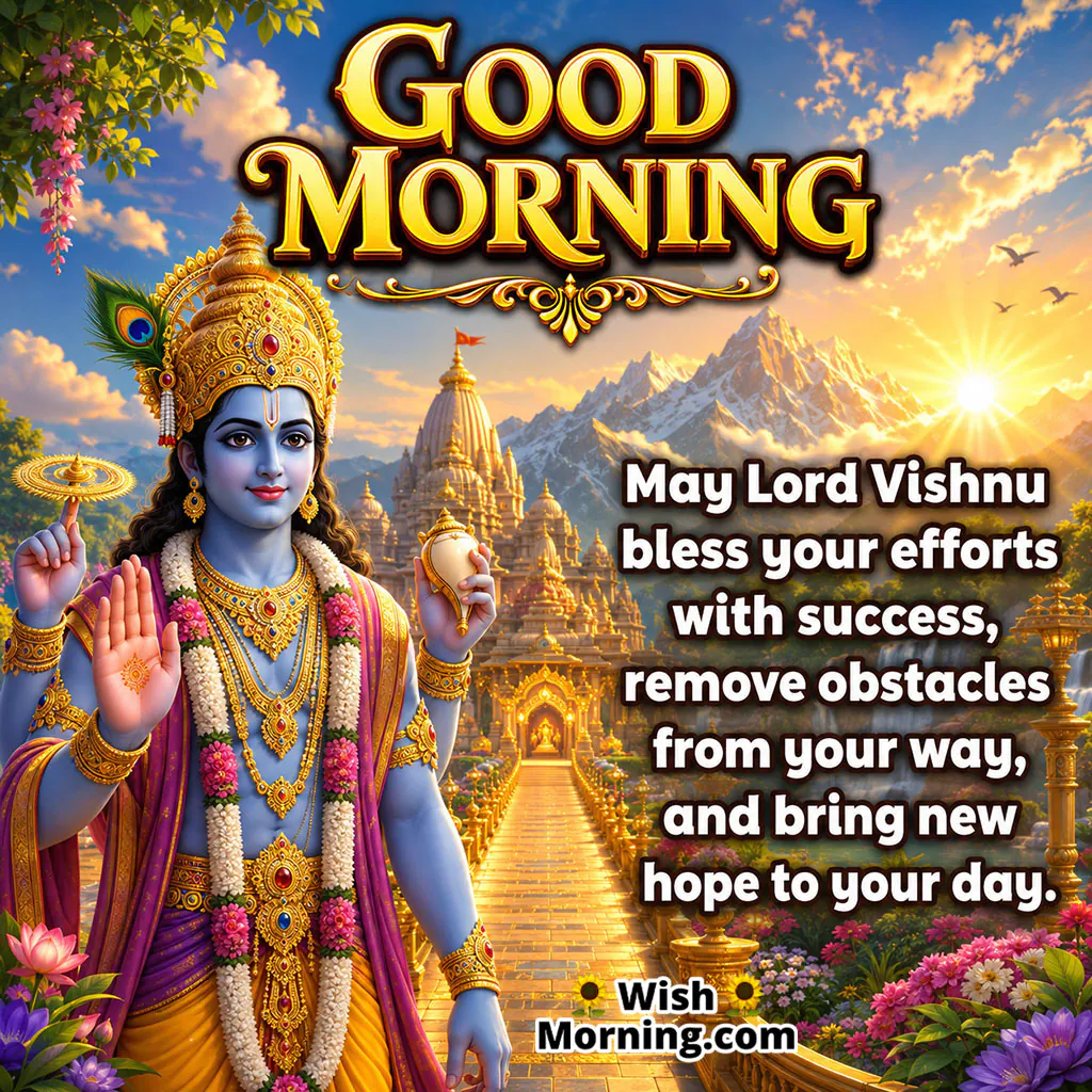 Good Morning Lord Vishnu Success Blessing featuring Vishnu beside a golden temple path, symbolizing progress, success and new hope.