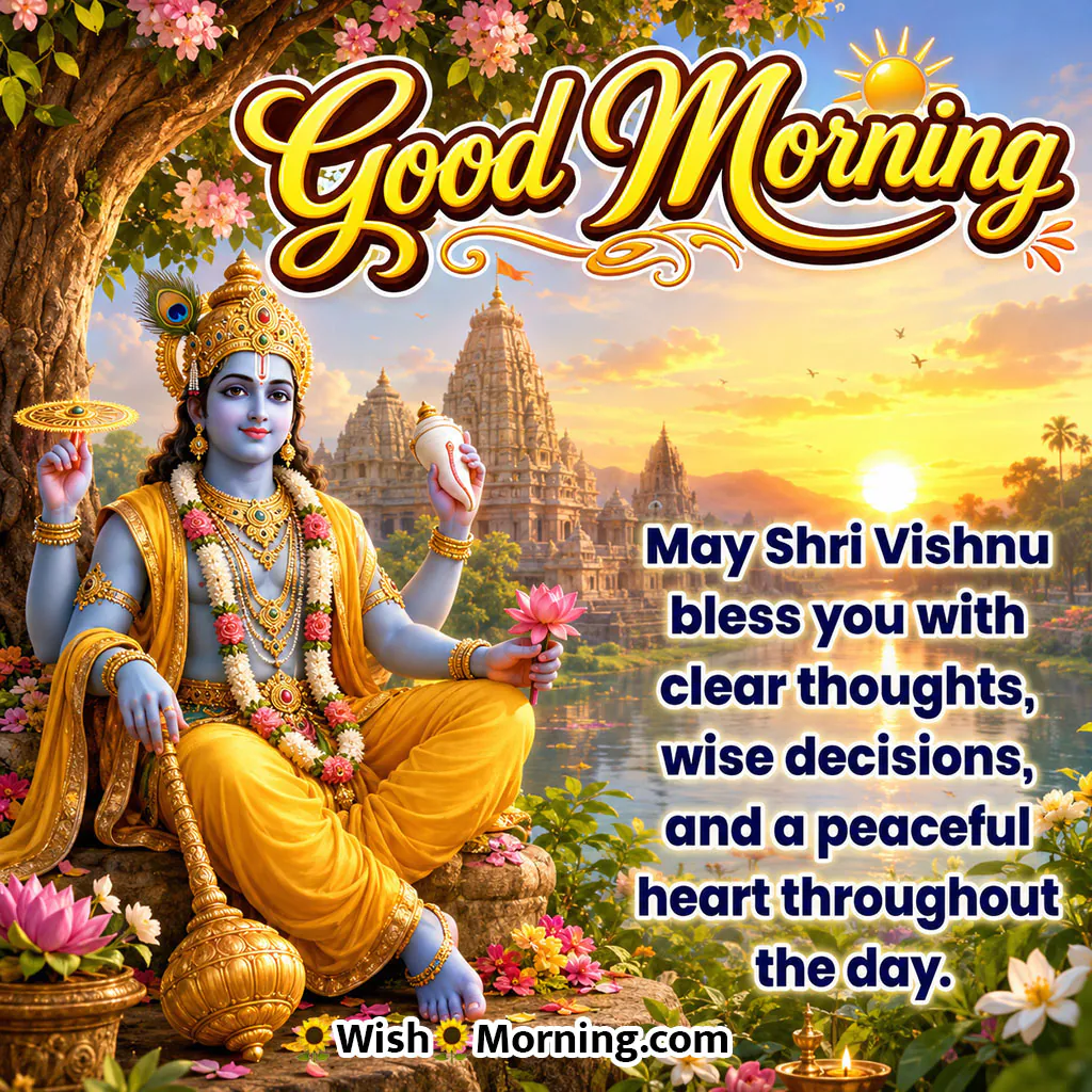 Good Morning Lord Vishnu Wisdom Blessing featuring Vishnu beneath a sacred flowering tree, symbolizing wisdom and clear thoughts.