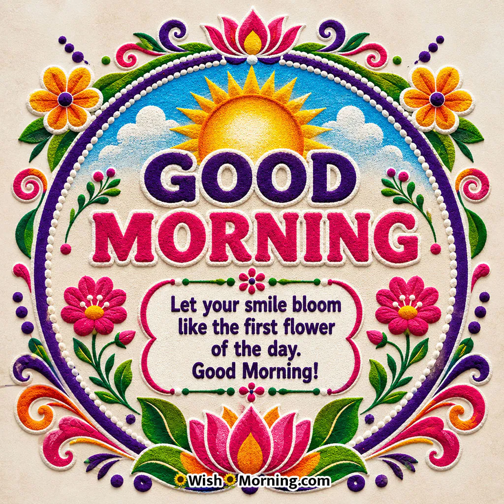 Good Morning Lotus Sunrise Rangoli Image featuring a circular rangoli with a glowing sunrise, pink lotus flowers, colourful floral decorations and an inspirational morning quote.