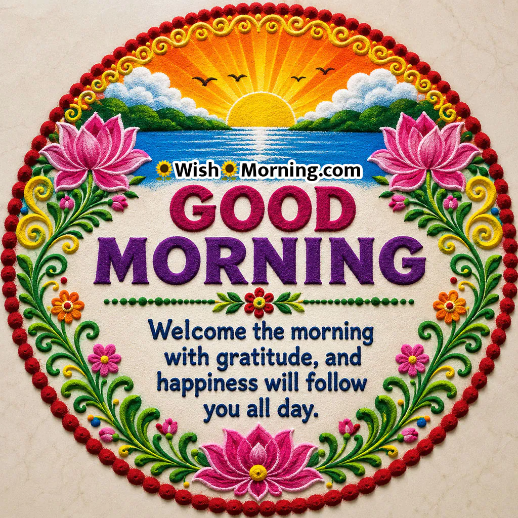 Good Morning Lotus and Sunrise Rangoli Image featuring a circular rangoli with twin lotus flowers, a golden sunrise, floral vines and an inspirational morning quote.