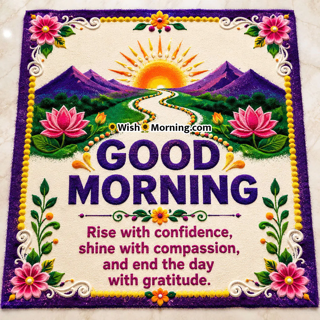 Good Morning Mountain Path Rangoli Image featuring a sunrise over purple mountains, a winding pathway, lotus flowers and decorative floral rangoli with a motivational morning quote.
