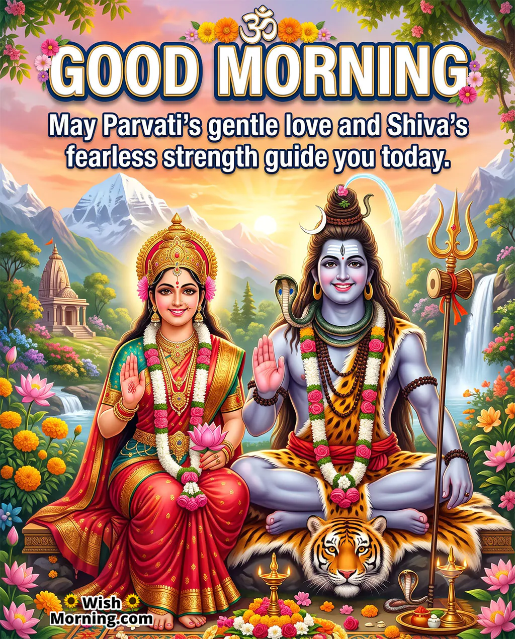 Good Morning Parvati Shiva Guidance Wish Image featuring Lord Shiva and Maa Parvati seated peacefully in a Himalayan setting with waterfalls, flowers and sacred lamps symbolising love, strength and divine guidance.