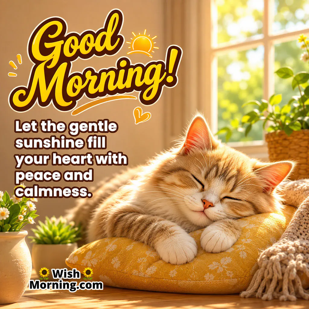 Good Morning Peaceful Sleeping Kitten Image featuring a sleeping kitten resting on a soft yellow cushion in warm morning sunlight, symbolizing calmness, comfort, and inner peace.