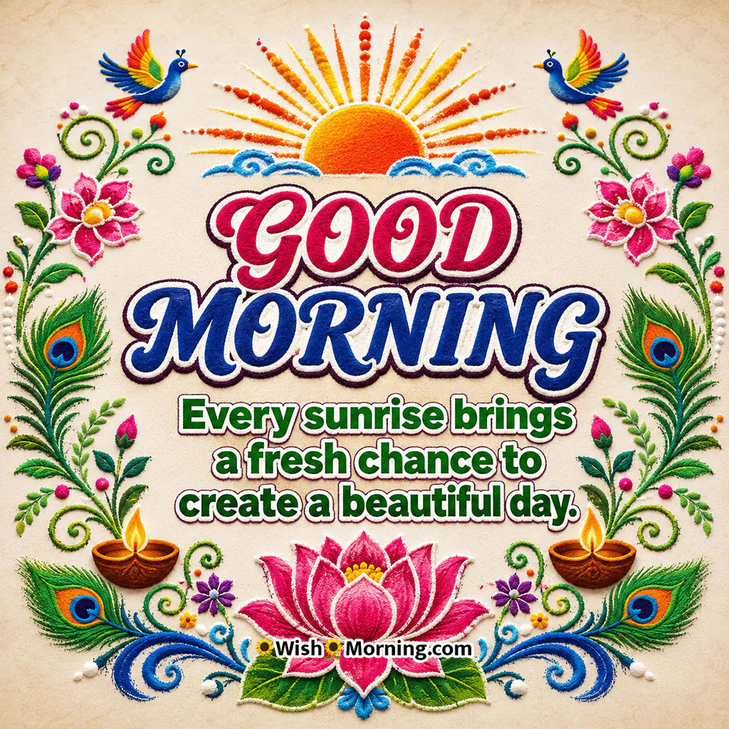 Good Morning Peacock Feather Rangoli Image featuring peacock feathers, traditional diyas, colourful birds, lotus flower, rising sun and vibrant rangoli artwork with a morning quote.