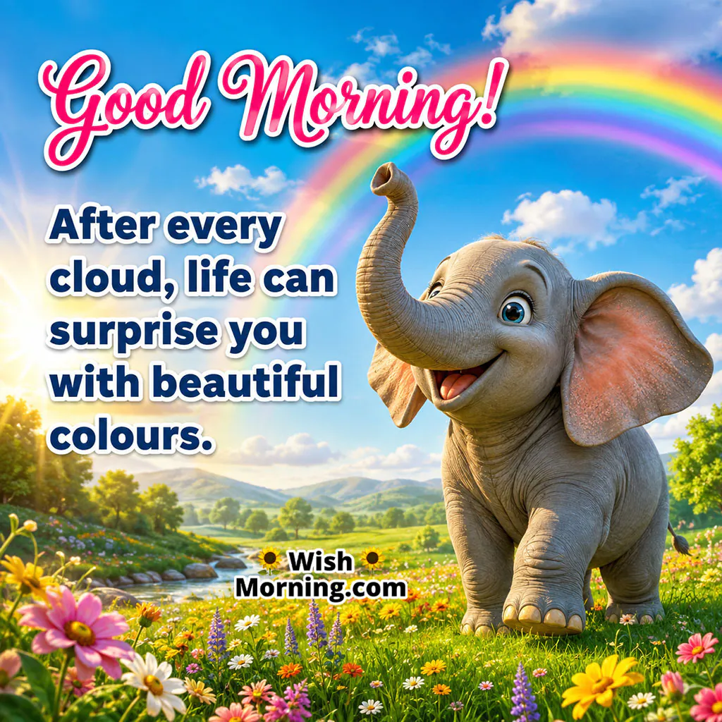 Good Morning Rainbow Elephant Quote on Hope featuring a happy elephant standing in a lush green meadow beneath a bright morning rainbow.