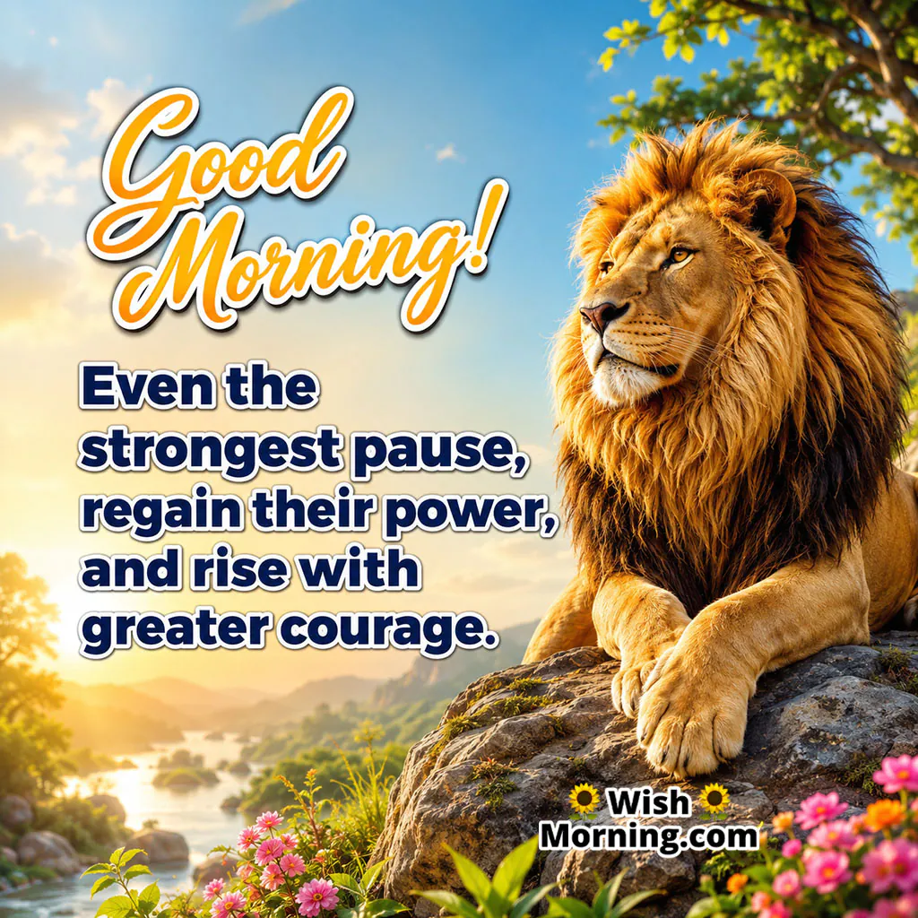 Good Morning Resting Lion Image featuring a majestic lion resting peacefully on a rock beside a scenic river and flowers, symbolising rest, courage and renewed strength.
