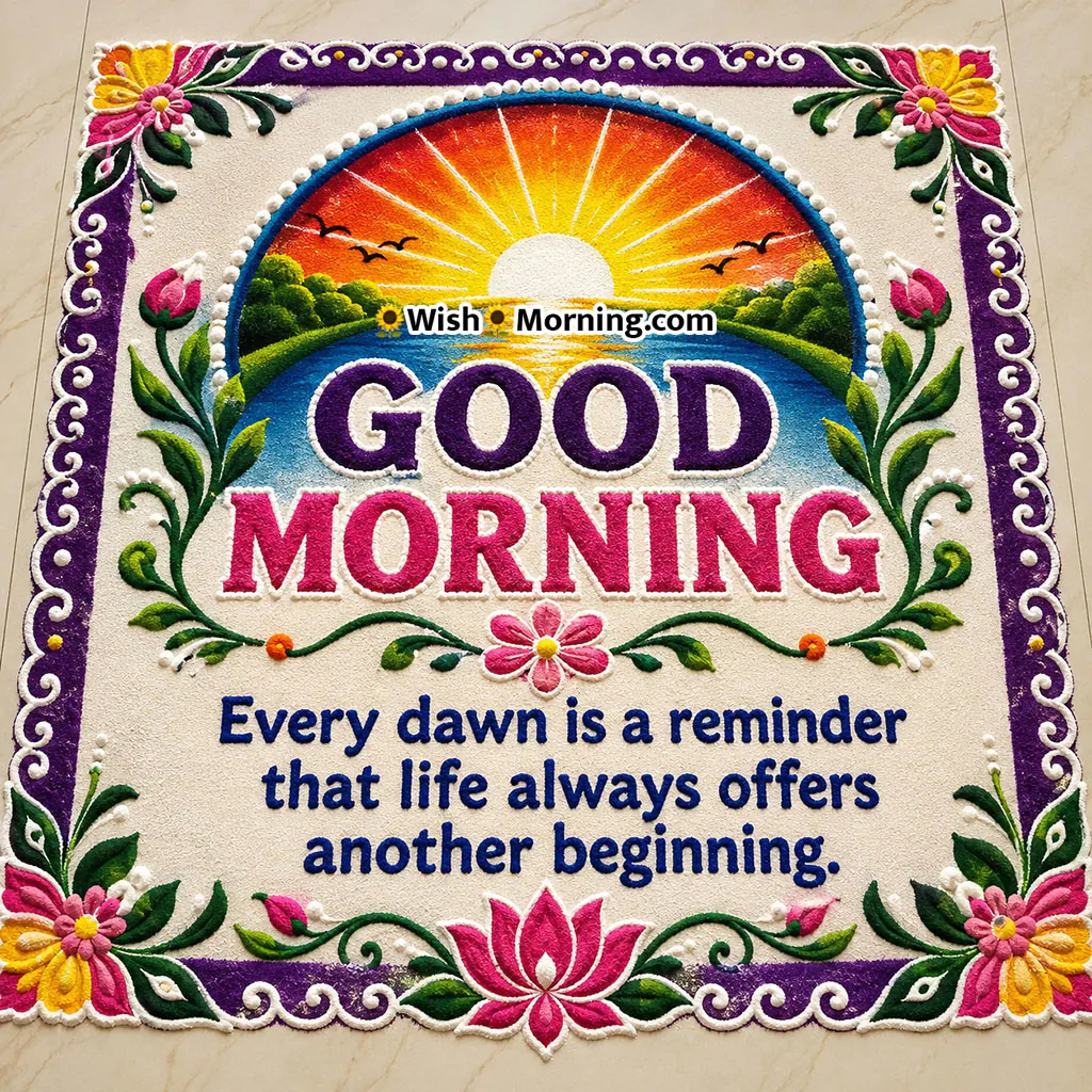 Good Morning River Sunrise Rangoli Image featuring a sunrise over a river, floral border, lotus flowers and colourful rangoli artwork with an uplifting morning quote.