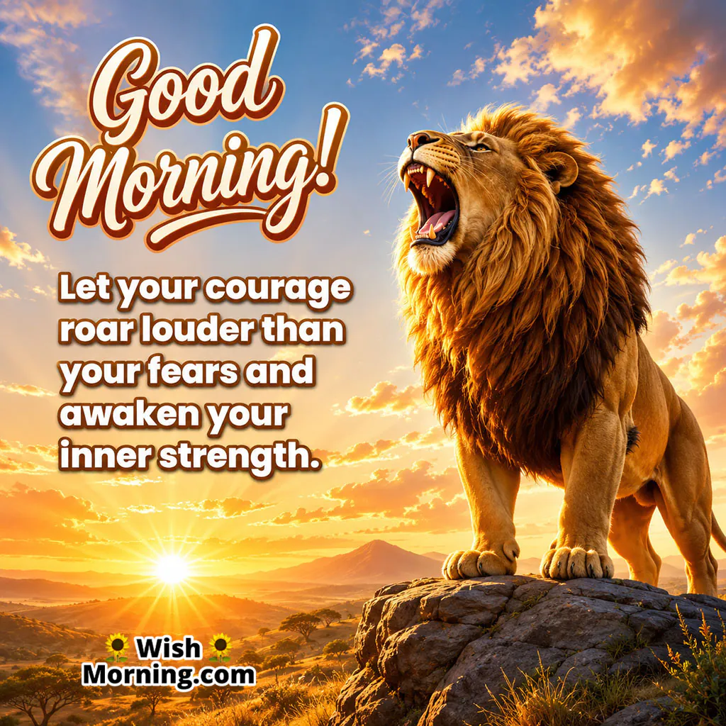 Good Morning Roaring Lion Sunrise Image featuring a powerful lion roaring from a rocky hill at sunrise, symbolising courage, fearlessness and inner strength.
