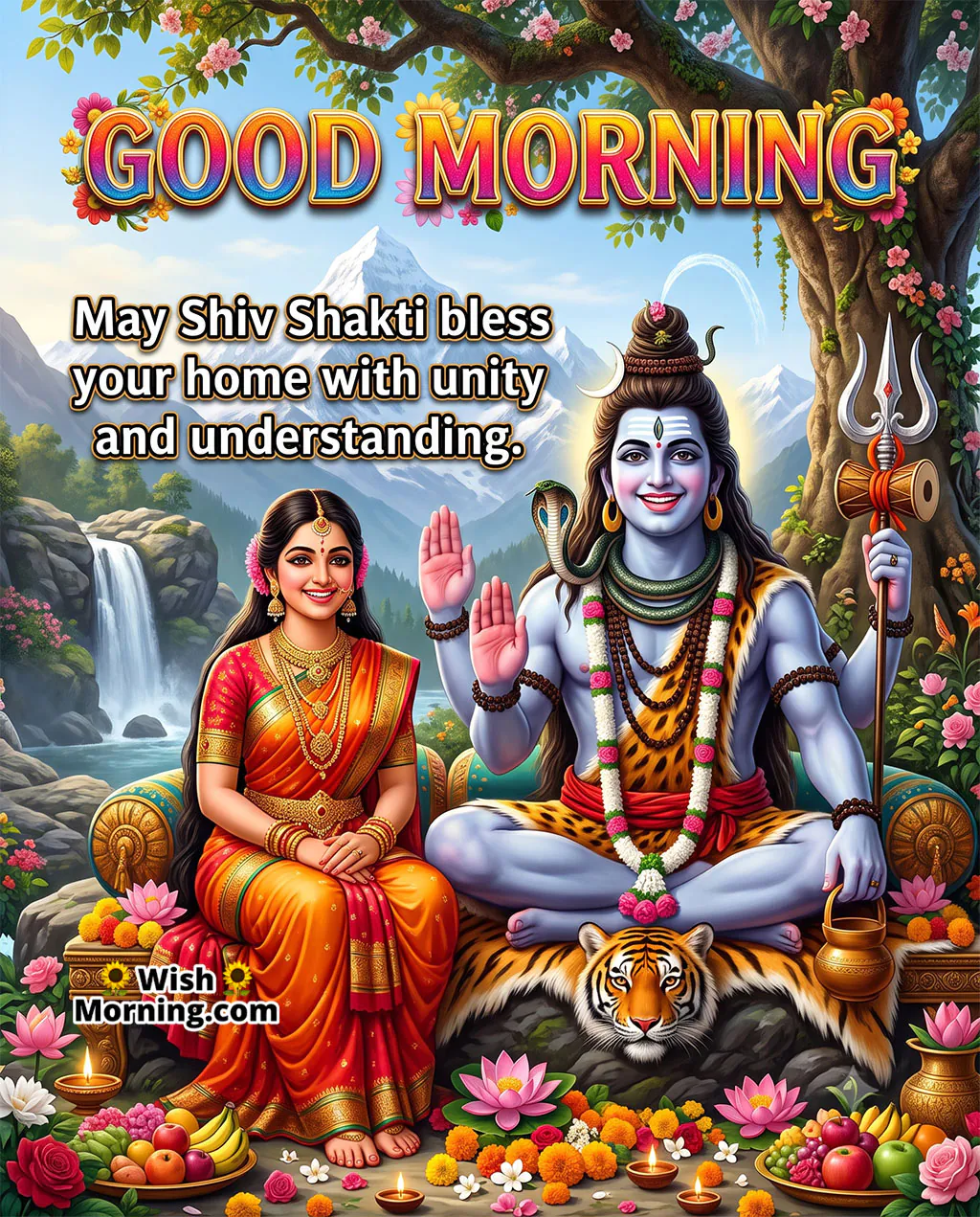 Good Morning Shiv Shakti Family Blessing Image featuring Lord Shiva and Maa Parvati beneath a flowering tree with a waterfall, mountains, tiger and lotus flowers symbolising unity and understanding at home.
