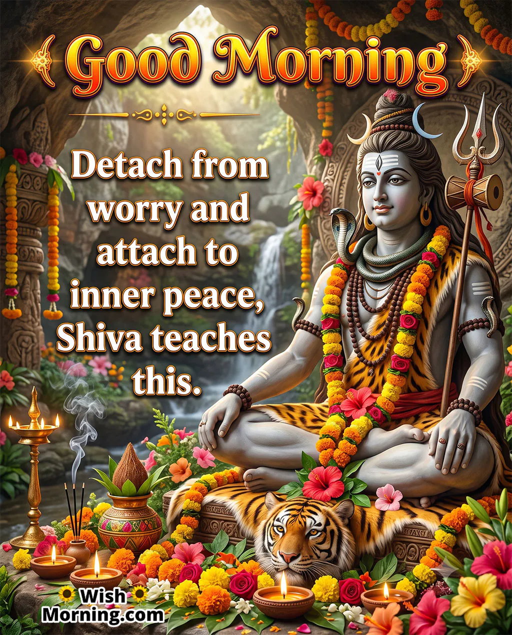 Good Morning Shiva Inner Peace Quote Image featuring Lord Shiva meditating inside a flower-decorated sacred cave with a waterfall, diyas and offerings, symbolising freedom from worry and attachment.