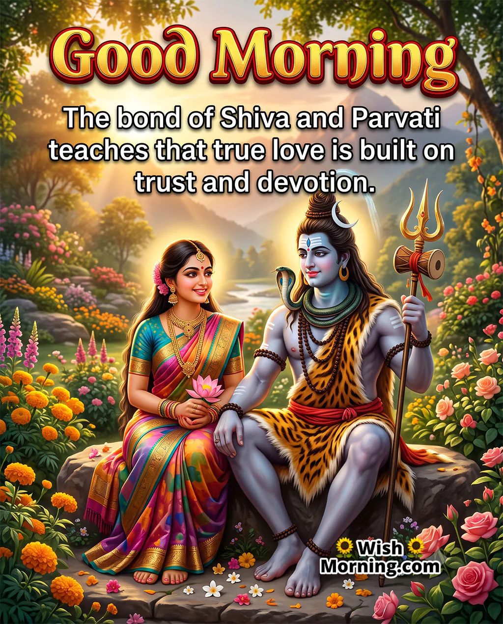 Good Morning Shiva Parvati Love Quote featuring Lord Shiva and Maa Parvati seated together in a peaceful flower-filled landscape, symbolising trust, devotion and true love.