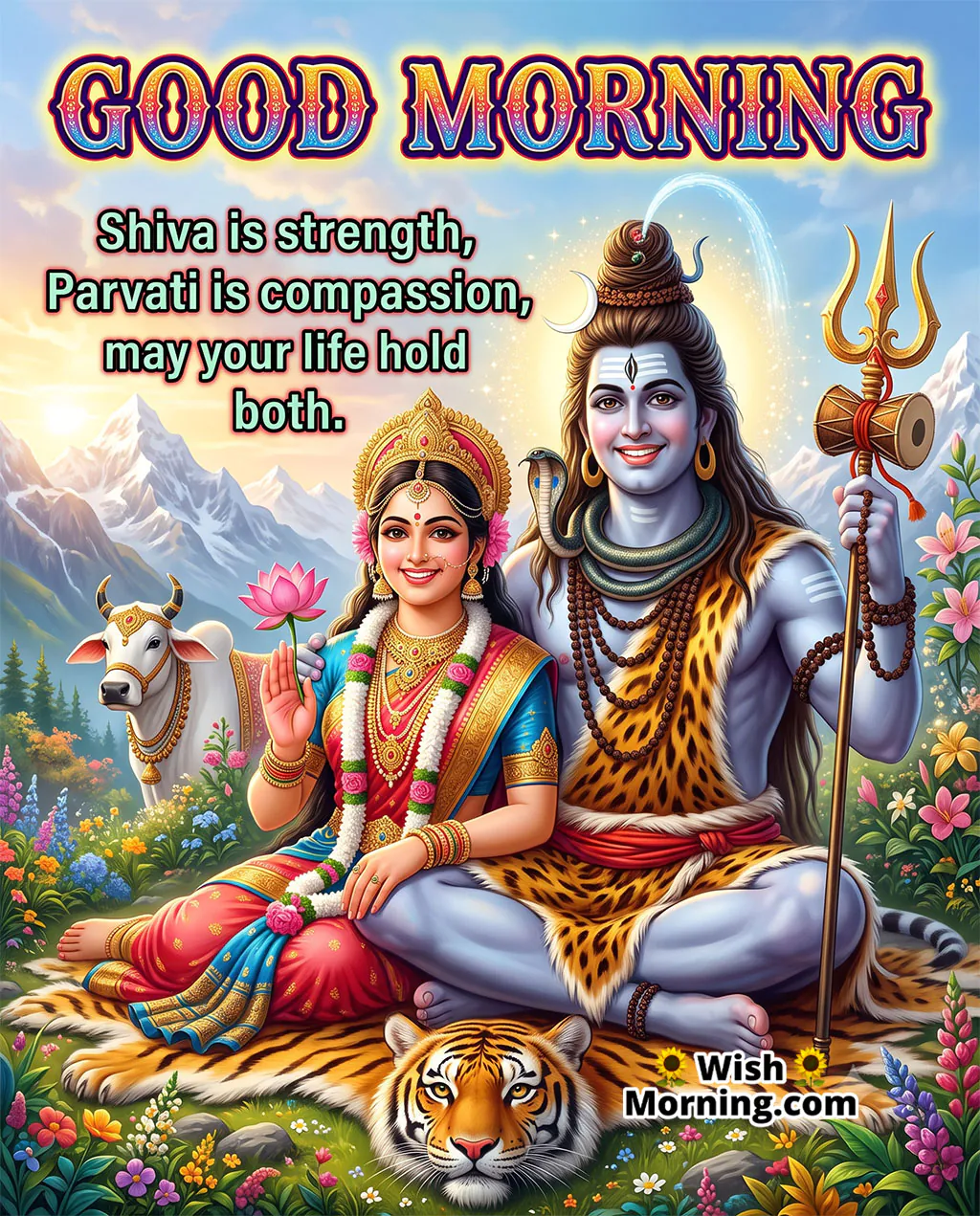 Good Morning Shiva Parvati Strength Wish Image featuring Lord Shiva and Maa Parvati with sacred symbols, a cow and tiger against Himalayan mountains, representing strength and compassion.