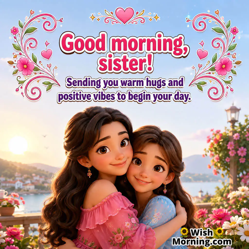 Good Morning Sister Hug Wishes Image featuring two sisters sharing a warm hug in a beautiful sunrise garden, symbolizing love, affection, encouragement, positive vibes, and a caring morning greeting.