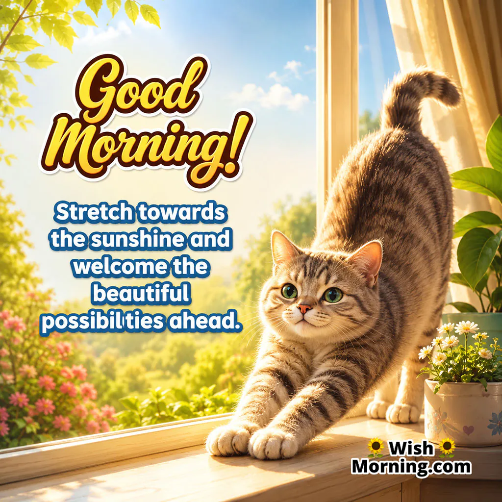 Good Morning Stretching Cat Wishes Image featuring a cute cat stretching beside a sunny window with blooming flowers, symbolizing fresh energy, positivity, and new opportunities.