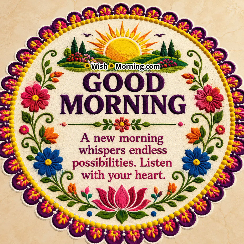 Good Morning Sunrise Garden Rangoli Image featuring a scenic sunrise over a flower garden, circular floral rangoli, lotus flower and an inspirational morning quote.