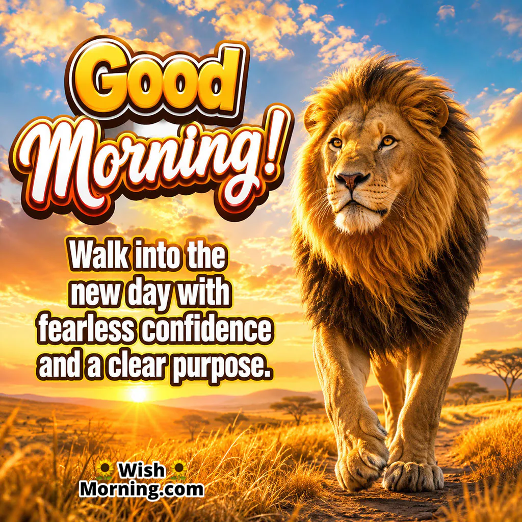 Good Morning Walking Lion Image featuring a majestic lion walking across the golden savanna in the morning, symbolising fearless confidence and purpose.