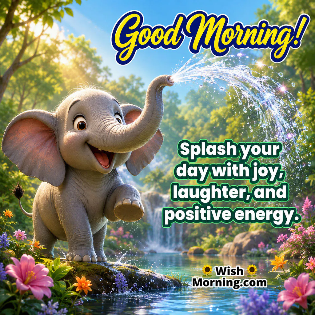 Joyful Elephant Water Splash Good Morning Quote featuring a cheerful elephant spraying sparkling water from its trunk near a forest pond.