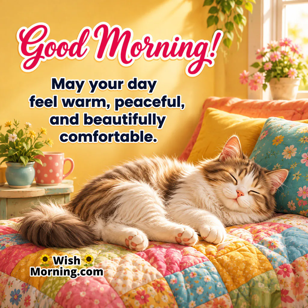 Peaceful Good Morning Sleeping Cat Image featuring a cozy sleeping kitten on a colourful quilt beside a sunny window, symbolizing comfort, warmth, peace, and relaxation.