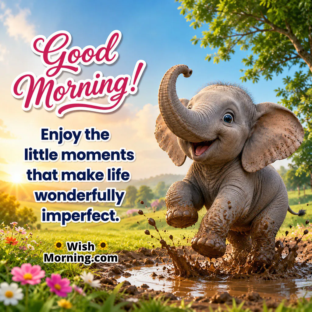 Good Morning Elephant Forest Path Progress Quote featuring a strong elephant walking steadily along a bright forest trail surrounded by lush greenery.