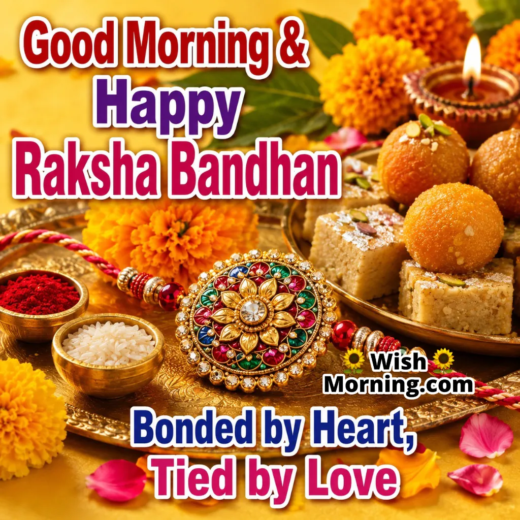 Raksha Bandhan Love and Bond Wish Image featuring an ornate rakhi, traditional sweets, marigold flowers, diya, kumkum and rice representing a heartfelt sibling relationship.