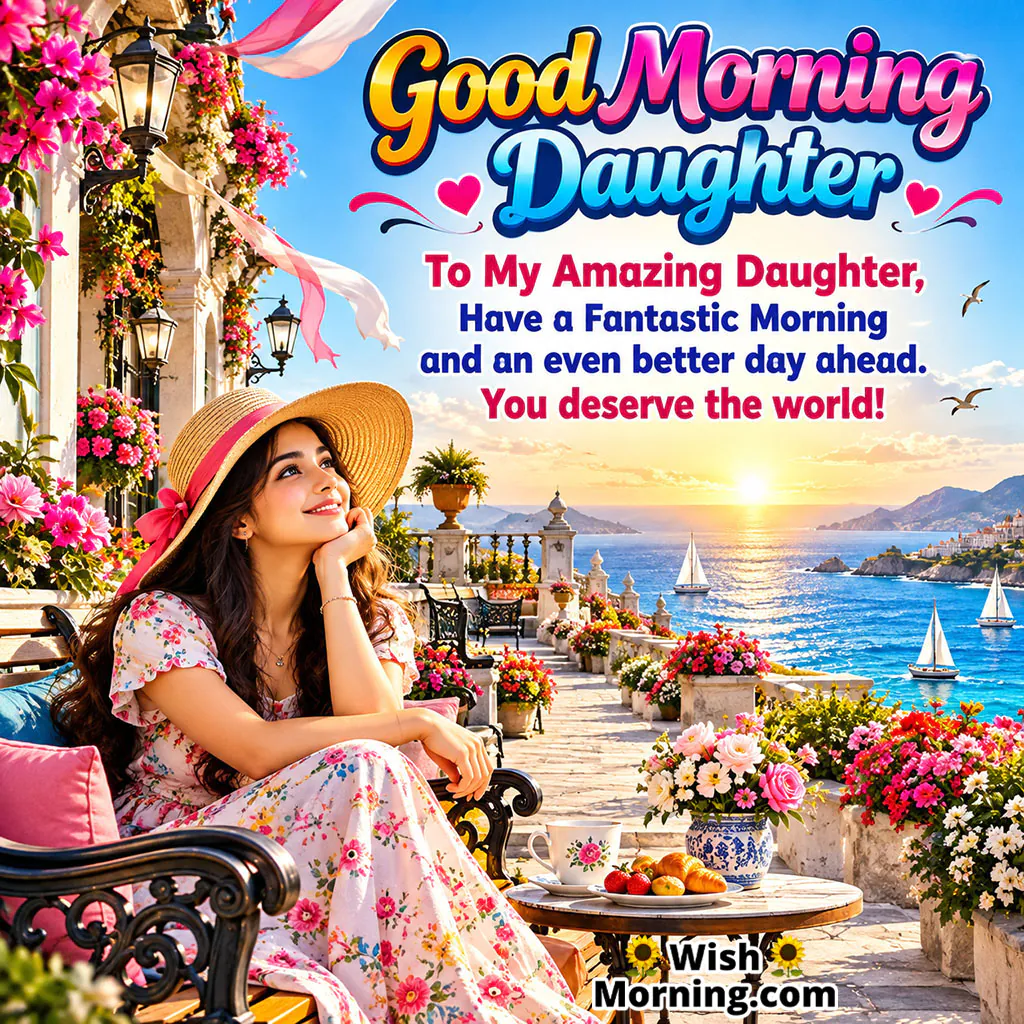 Good Morning Amazing Daughter Image featuring a young woman relaxing on a flower-filled seaside terrace with boats and a golden sunrise, symbolizing love, encouragement, and wonderful possibilities ahead.