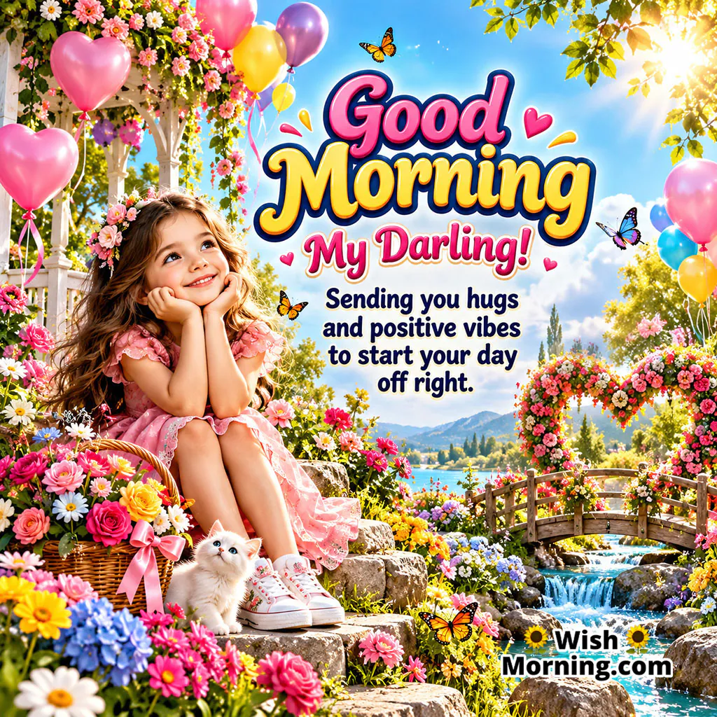 Good Morning Darling Image featuring a smiling girl sitting among colorful flowers with a kitten, butterflies, balloons, and a flowing stream, symbolizing affection, happiness, and positive energy.