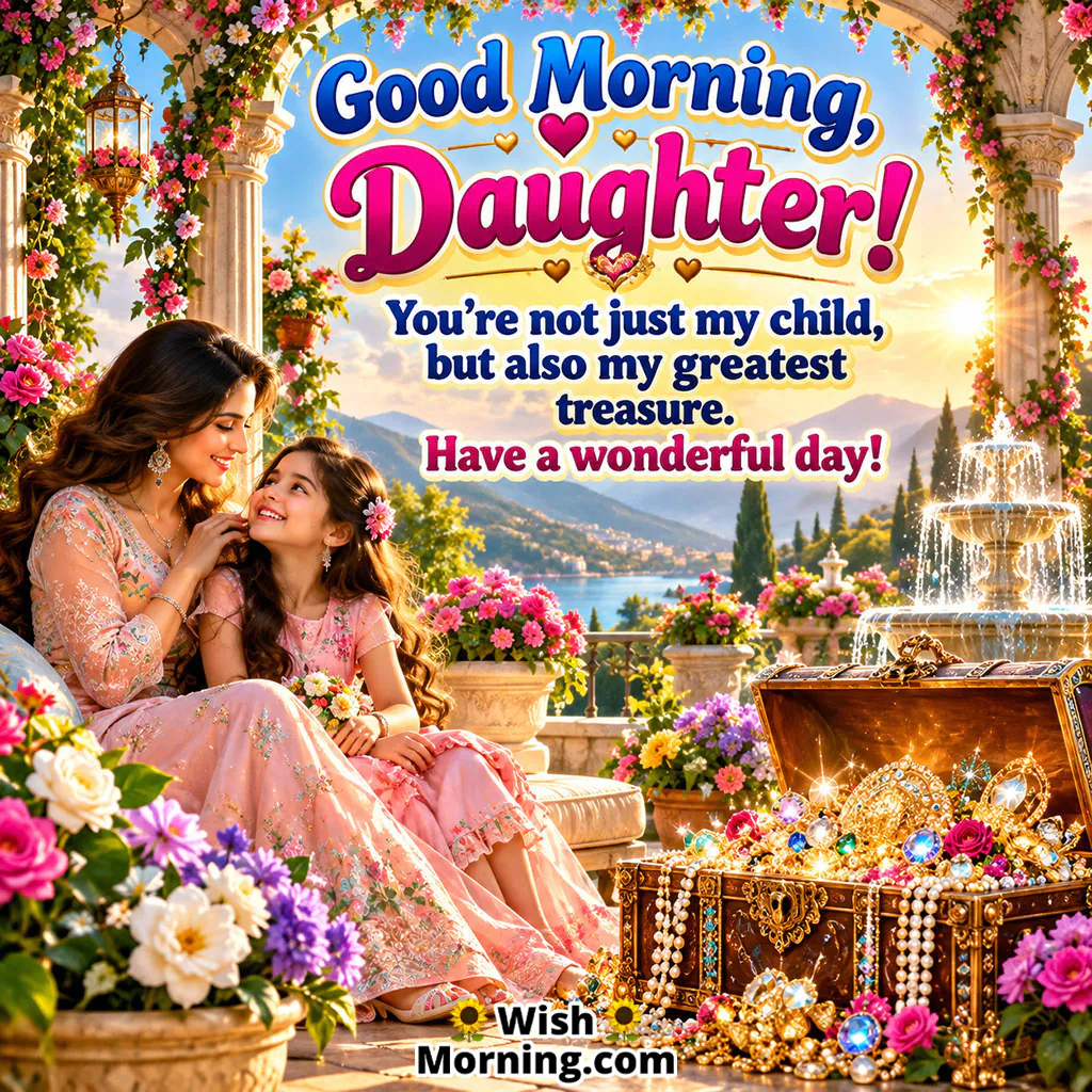 Good Morning Daughter Blessings Image featuring a mother lovingly sitting with her daughter beside flowers, a fountain, and a scenic mountain lake, symbolizing a precious parent-child bond and heartfelt blessings.