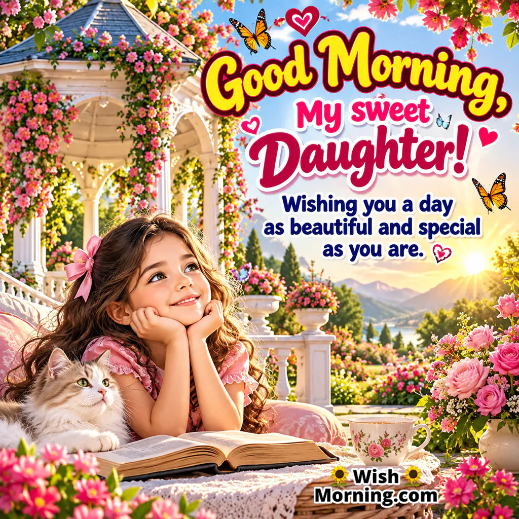 Good Morning Daughter Image featuring a smiling girl with a cat, flowers, a garden gazebo, and a peaceful morning view, symbolizing a loving and special bond between a parent and daughter.