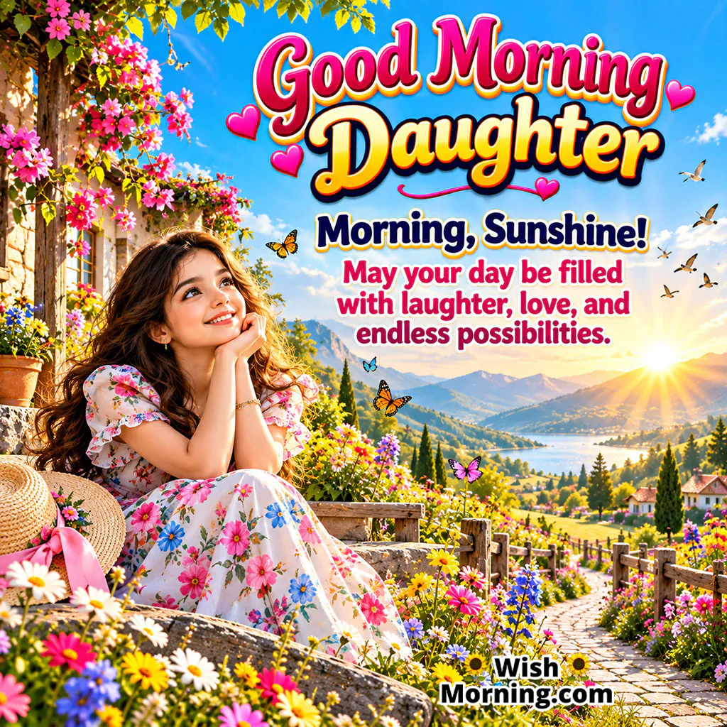 Good Morning Daughter Inspirational Image featuring a cheerful girl in a flower garden with butterflies, mountains, and a sunny landscape, symbolizing happiness, love, and new possibilities.