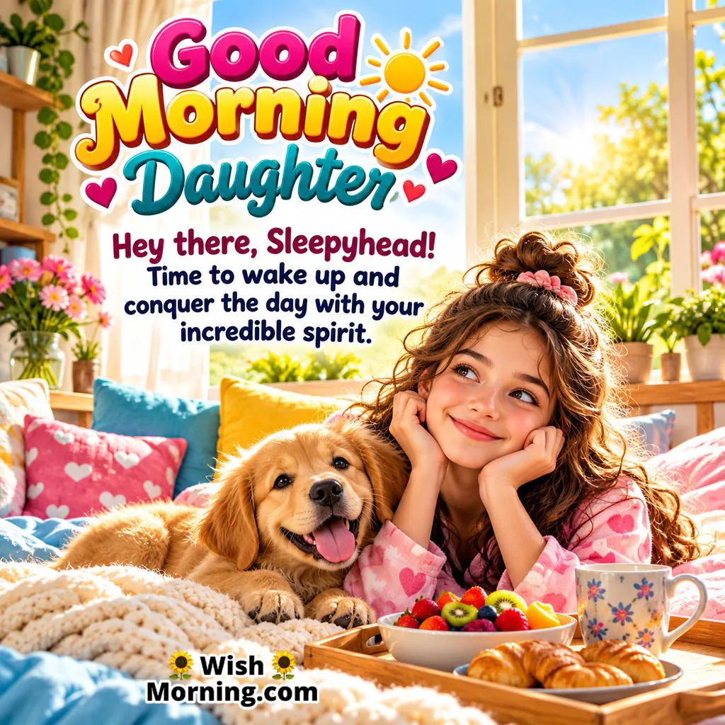 Good Morning Daughter Love Image featuring a smiling girl in a bright bedroom with a puppy, breakfast tray, and morning sunlight, symbolizing warmth, affection, and a joyful start to the day.