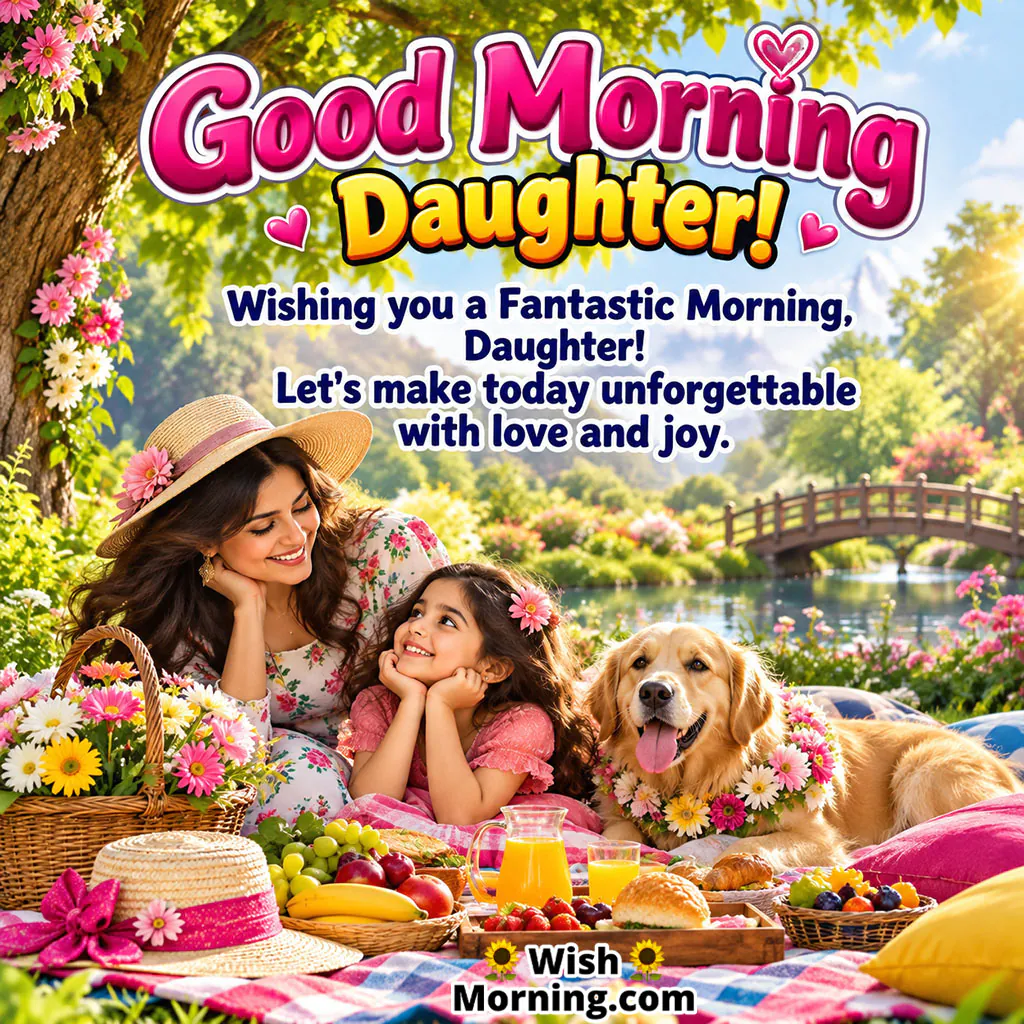 Good Morning Daughter Mother Image featuring a mother and daughter enjoying a colorful outdoor breakfast with their dog beside a flower-filled lake, symbolizing family love, togetherness, and happy memories.