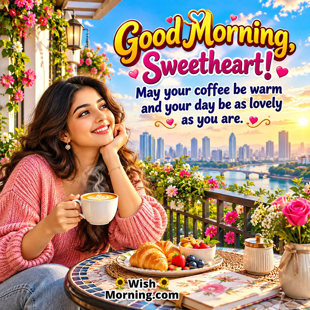 Good Morning Daughter Sweetheart Image featuring a smiling woman enjoying coffee on a flower-filled balcony overlooking a city and river at sunrise, symbolizing love, warmth, and a beautiful morning.