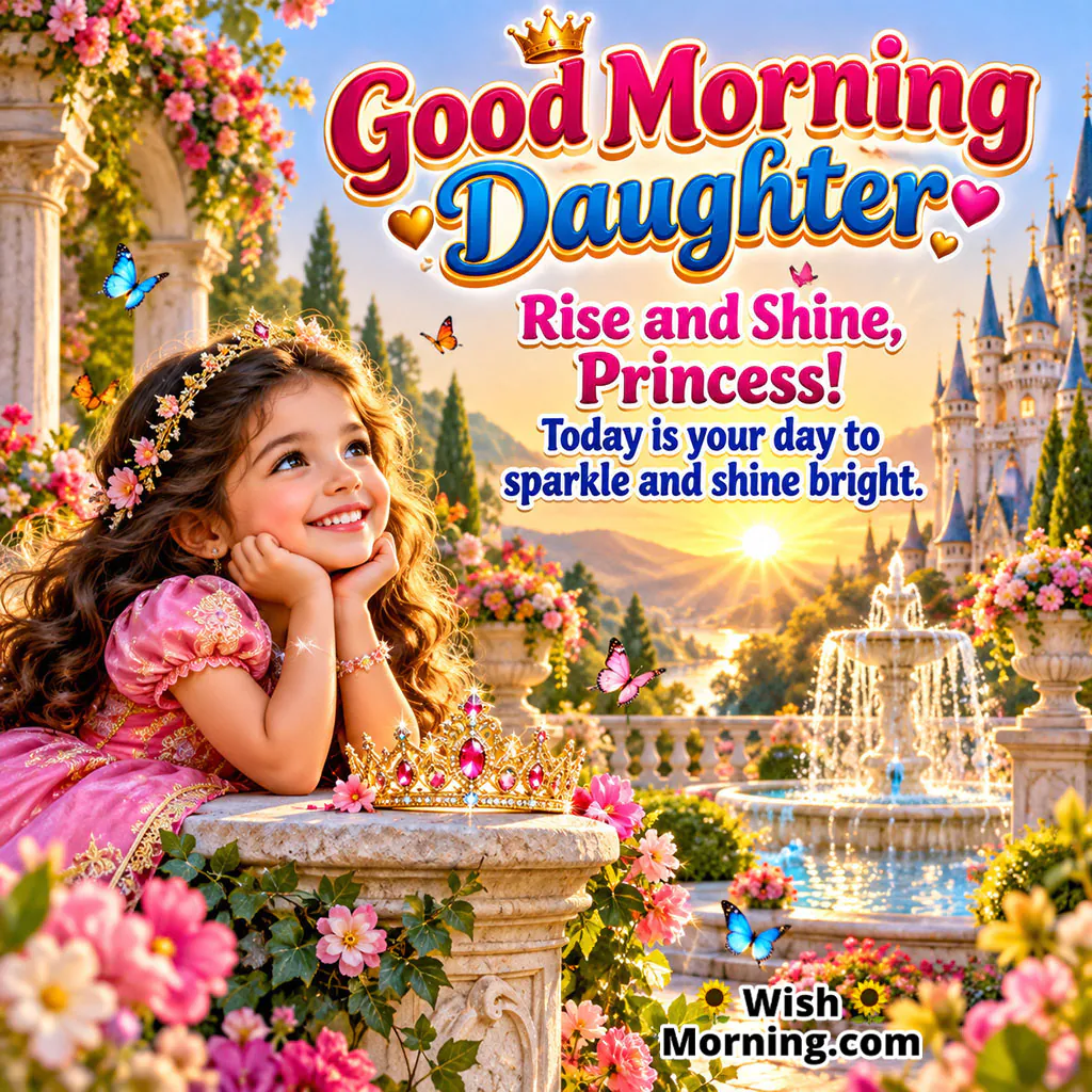 Good Morning Daughter Wishes Image featuring a young girl in a princess dress, a crown, flowers, a grand fountain, and butterflies, symbolizing confidence, joy, and a bright future.