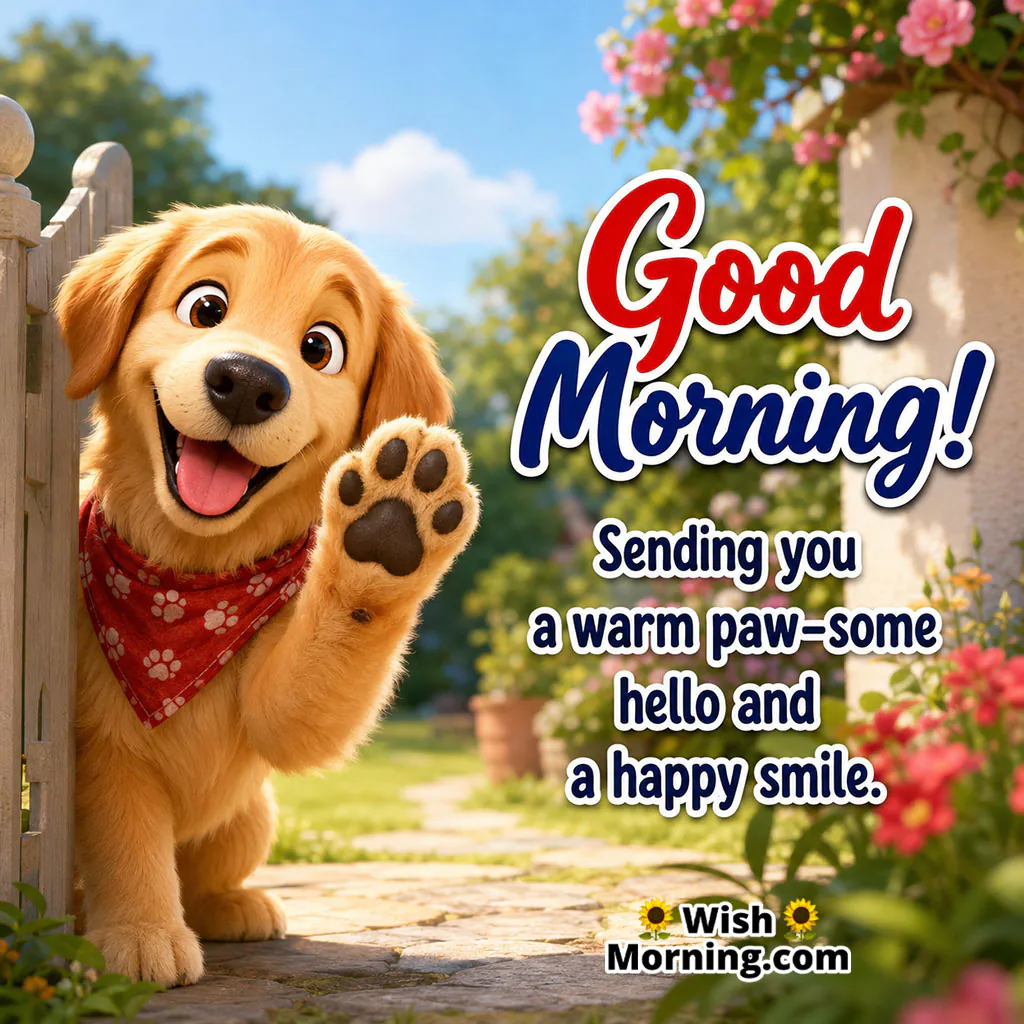 Good Morning Dog Hello Image featuring a cute dog sitting upright and raising one paw as if greeting you against a bright morning background.