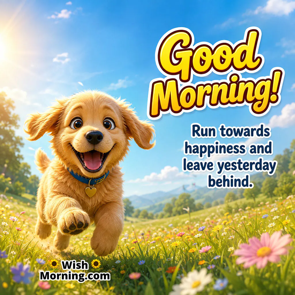 Good Morning Dog Running Image featuring a joyful dog running through green grass and flowers in golden morning light.