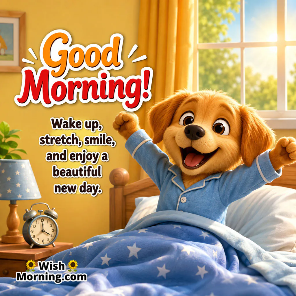 Good Morning Dog Image featuring an adorable fluffy dog stretching happily on a comfortable bed in a bright cozy bedroom.