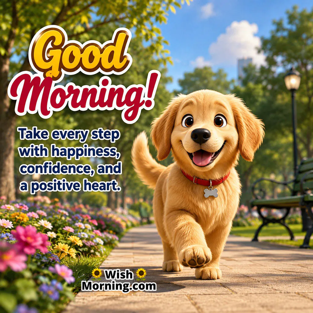 Good Morning Dog Walking Image featuring a happy dog walking along a park pathway surrounded by trees, flowers, and morning sunshine.