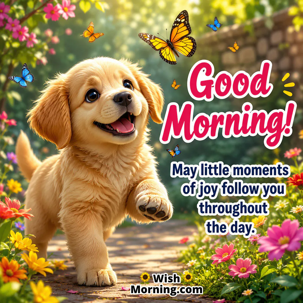 Good Morning Dog and Butterflies Image featuring a friendly dog sitting peacefully in a garden surrounded by colorful butterflies.