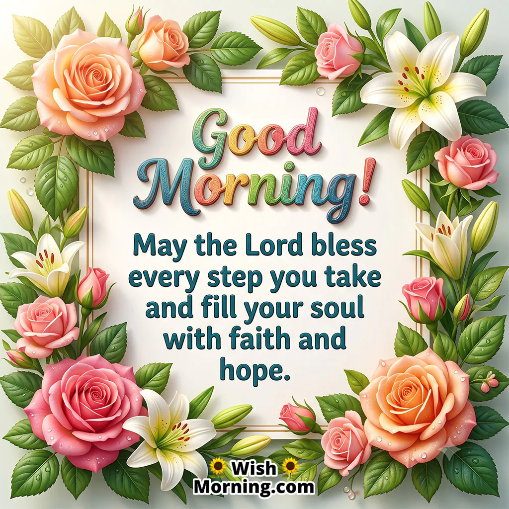Good Morning Faith and Hope Image featuring roses, lilies, and a floral frame surrounding a blessing message, symbolizing faith, hope, divine guidance, and blessings for every step.