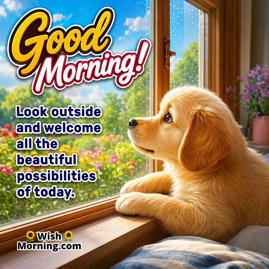 Good Morning Puppy Image featuring a fluffy puppy looking through a sunny window as golden morning rays illuminate its face.