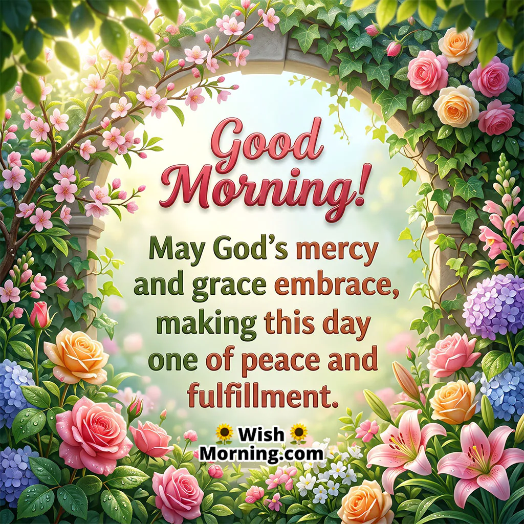 Good Morning God’s Grace Image featuring a flower-covered garden arch, roses, lilies, and a peaceful garden setting, symbolizing God’s mercy, grace, peace, and fulfillment.