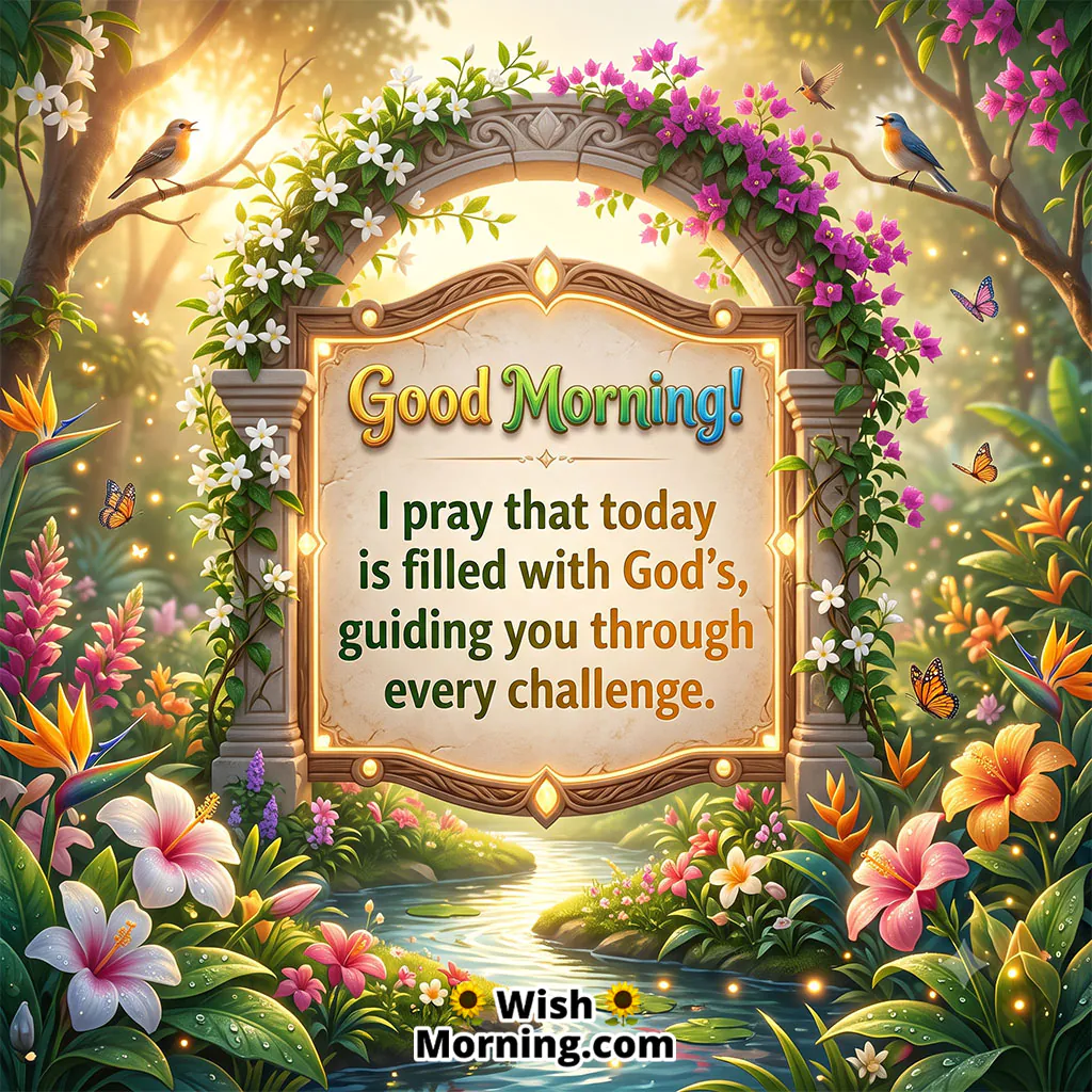 Good Morning God’s Light Image featuring a floral garden, birds, butterflies, and a decorative prayer frame surrounded by warm sunlight, symbolizing divine light, guidance, and strength through challenges.