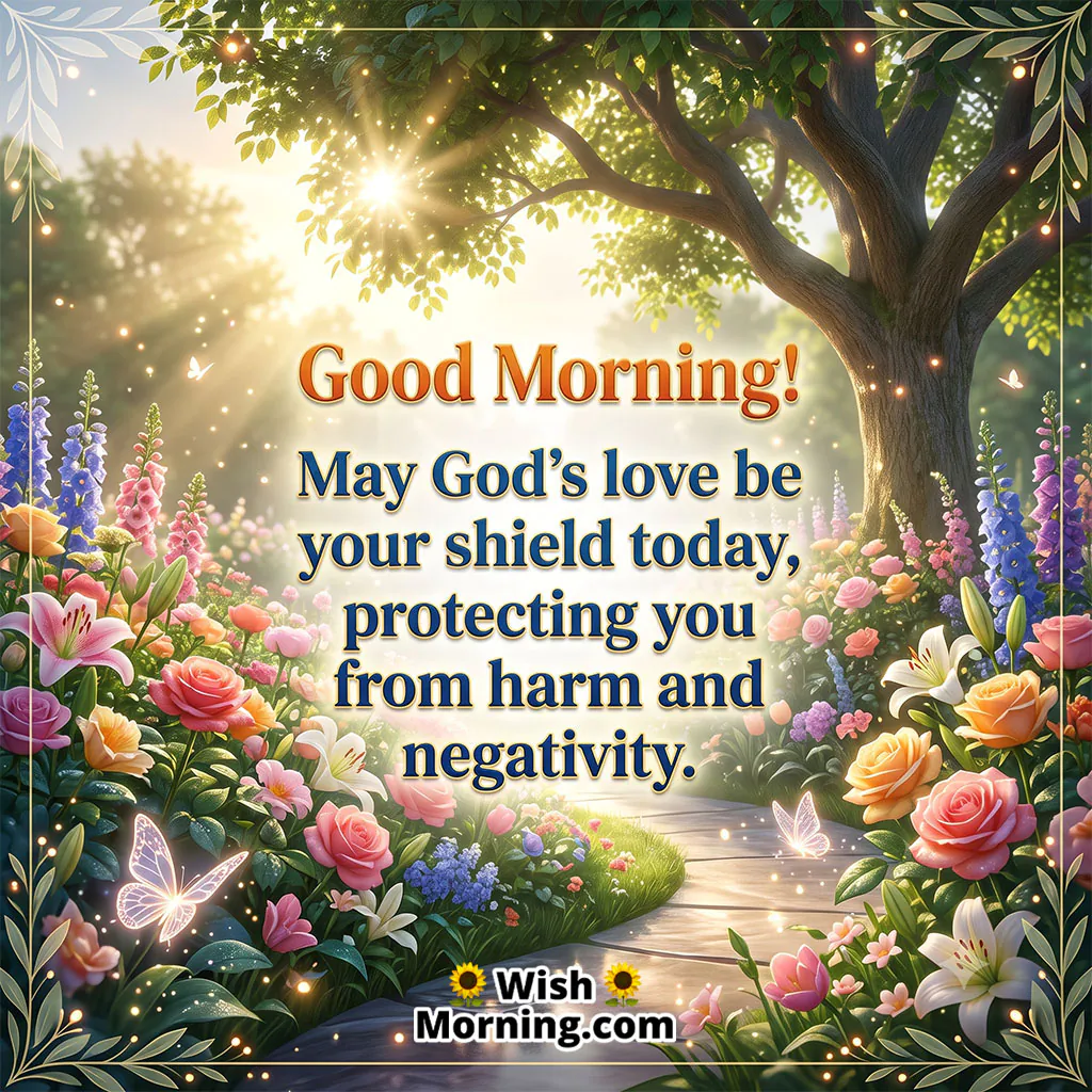 Good Morning God’s Love Image featuring a sunlit garden, large tree, colorful flowers, butterflies, and a peaceful pathway, symbolizing God’s loving protection from harm and negativity.