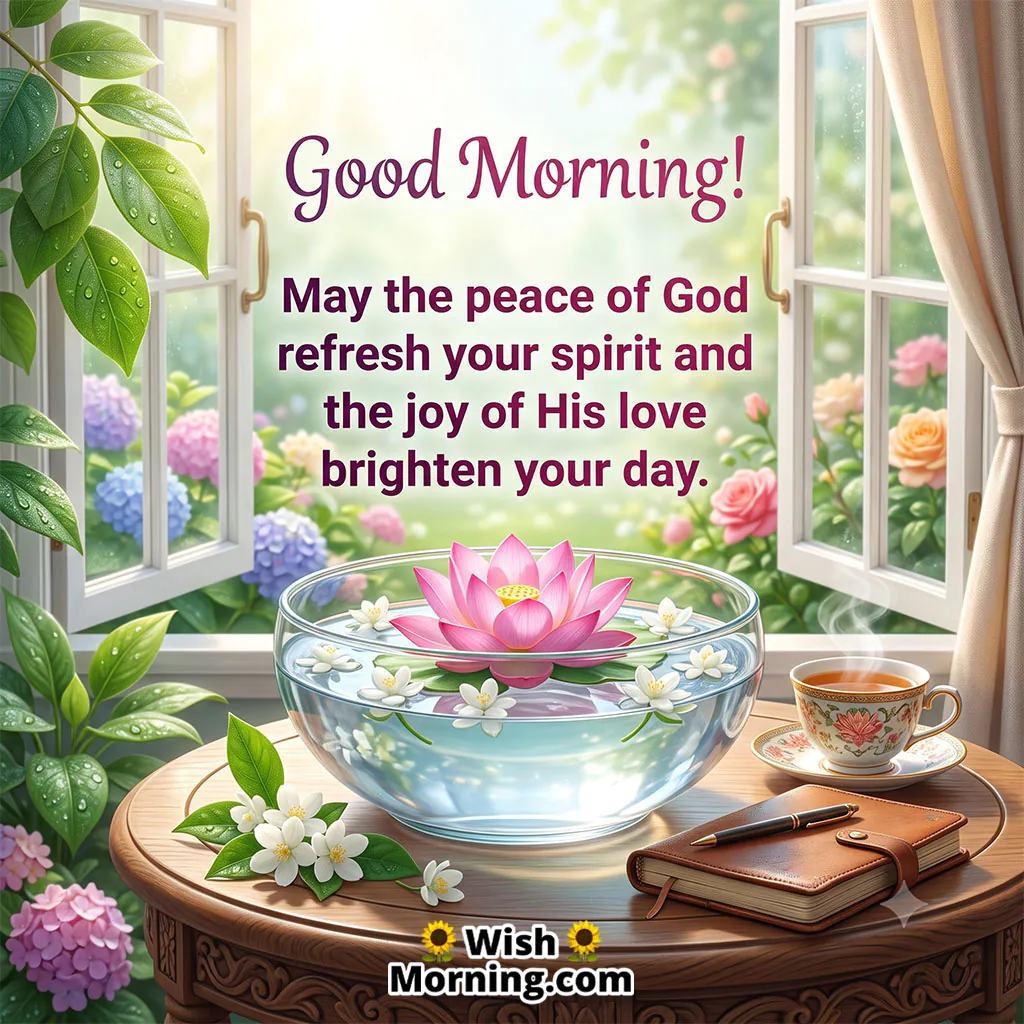 Good Morning God’s Peace Image featuring an open window, colorful flowers, a lotus floating in water, tea, and a peaceful setting, symbolizing spiritual peace, refreshment, and the joy of God’s love.