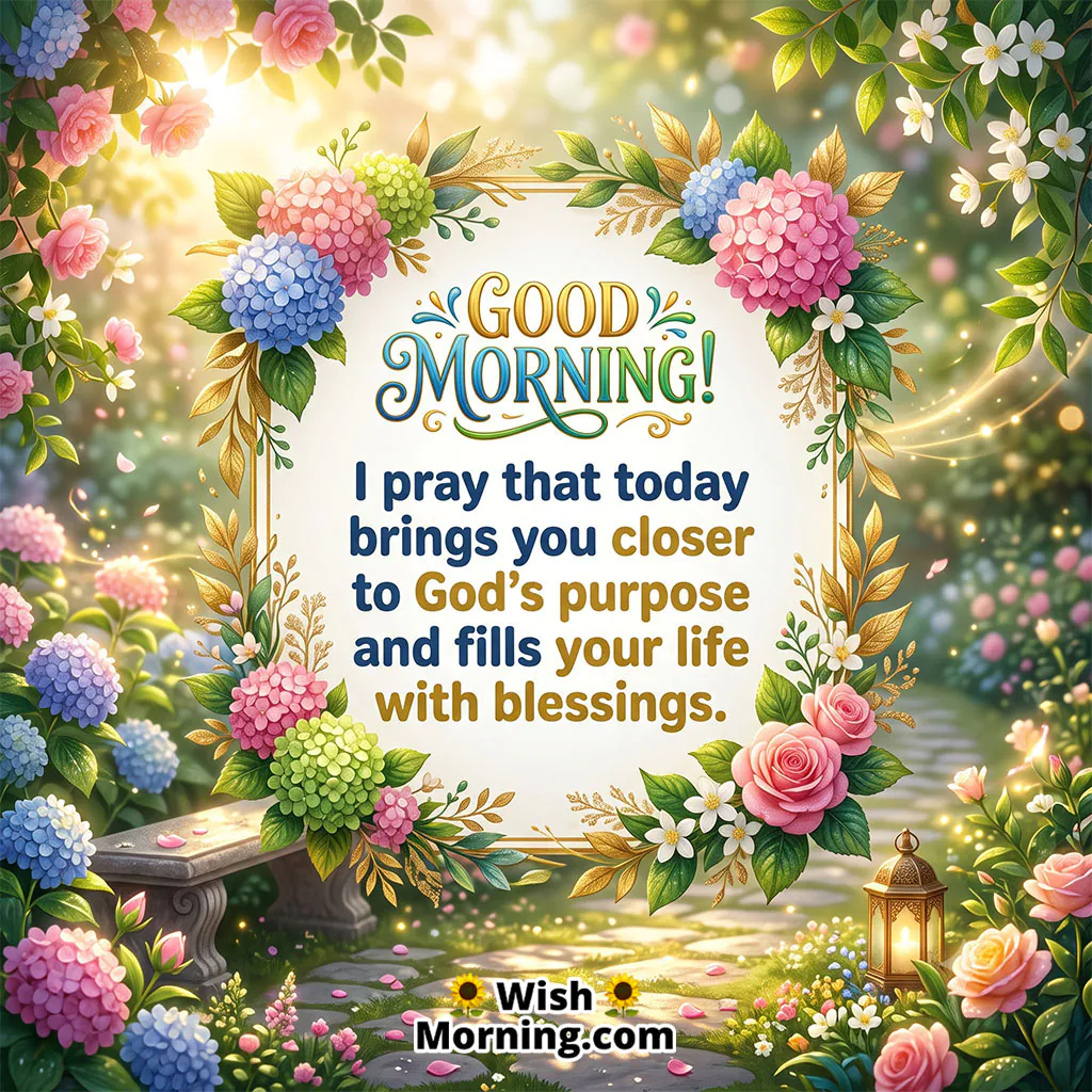 Good Morning God’s Purpose Image featuring a floral frame, hydrangeas, roses, a garden pathway, and warm morning light, symbolizing God’s purpose, blessings, and a meaningful life.